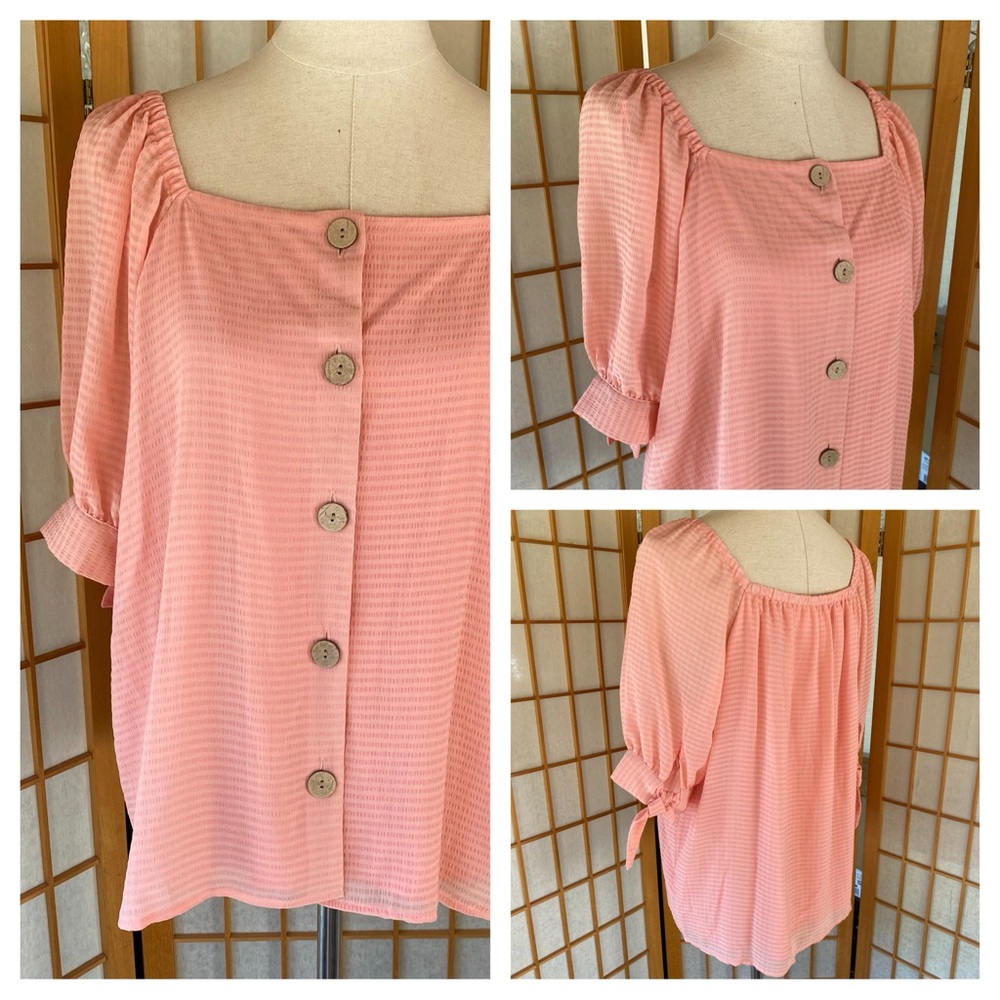 💲 LC Lauren Conrad Peach Button-Down Square Neckline Short Sleeve Tie Top SZ L